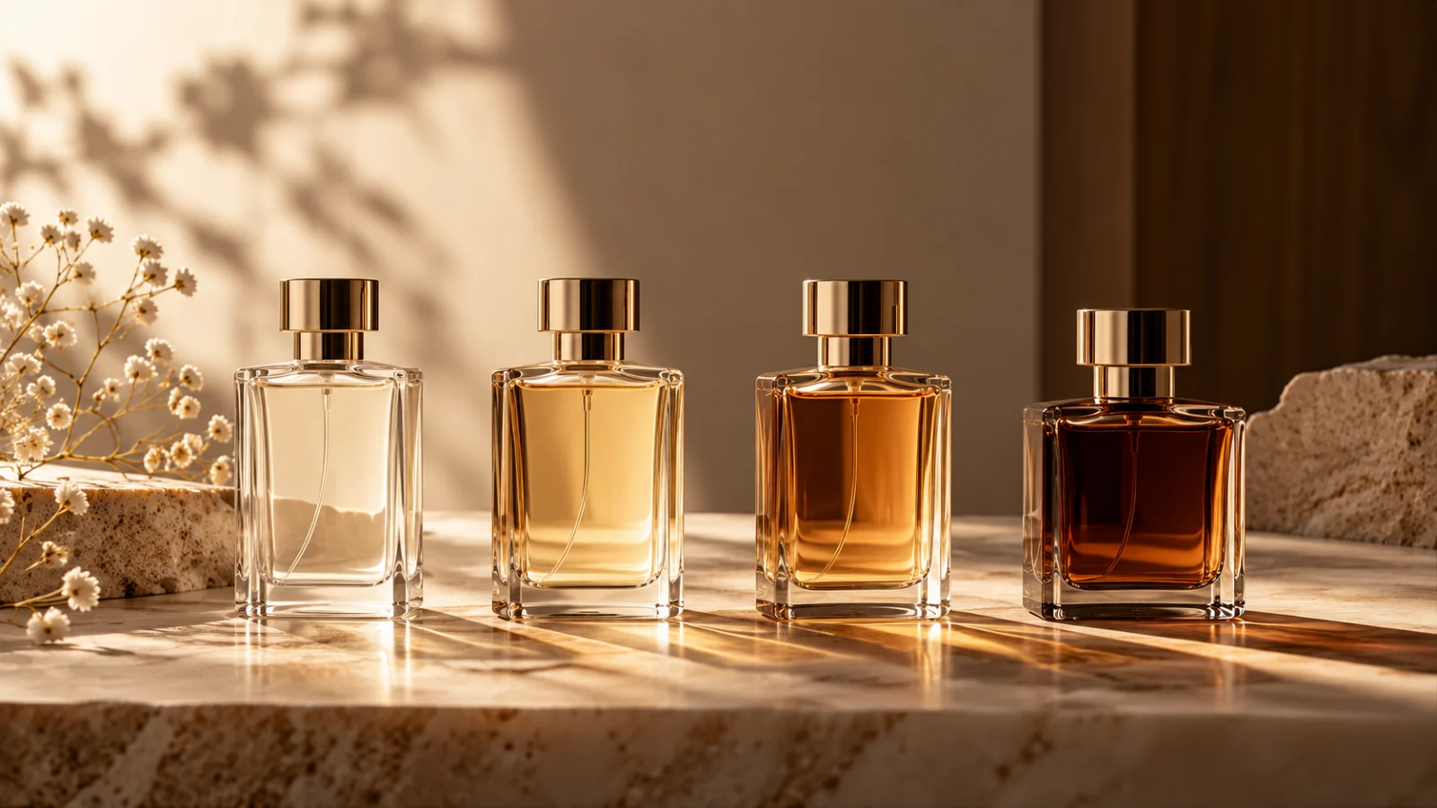 Quatro frascos de perfume genéricos com líquidos em diferentes tonalidades, do claro ao âmbar intenso, sobre uma superfície de mármore.